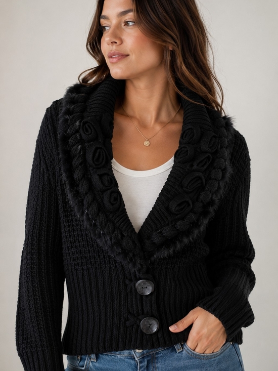John Fashion Sweaters - 🖤🥀✨ Black Chunky Knit Cottagecore Cardigan Sweater Rosette Collar Faux Fur